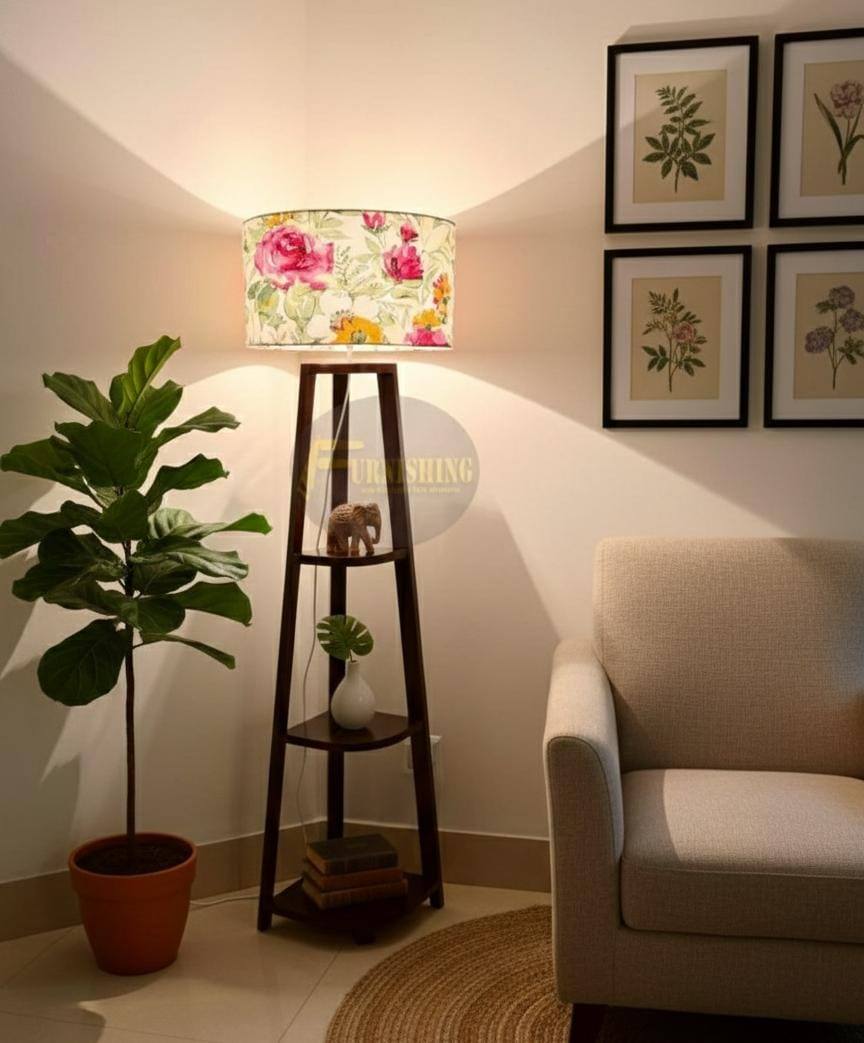 Wooden floor lamp 3 shelf round